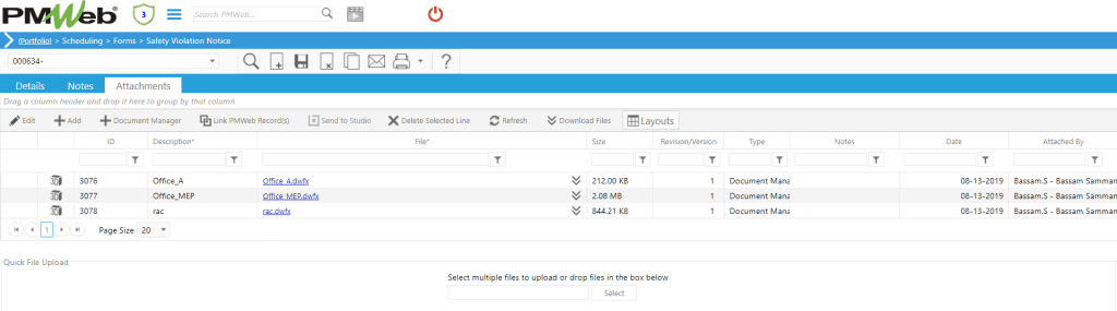 PMWeb 7 Scheduling Forms Safety Violation Notice Attachments 