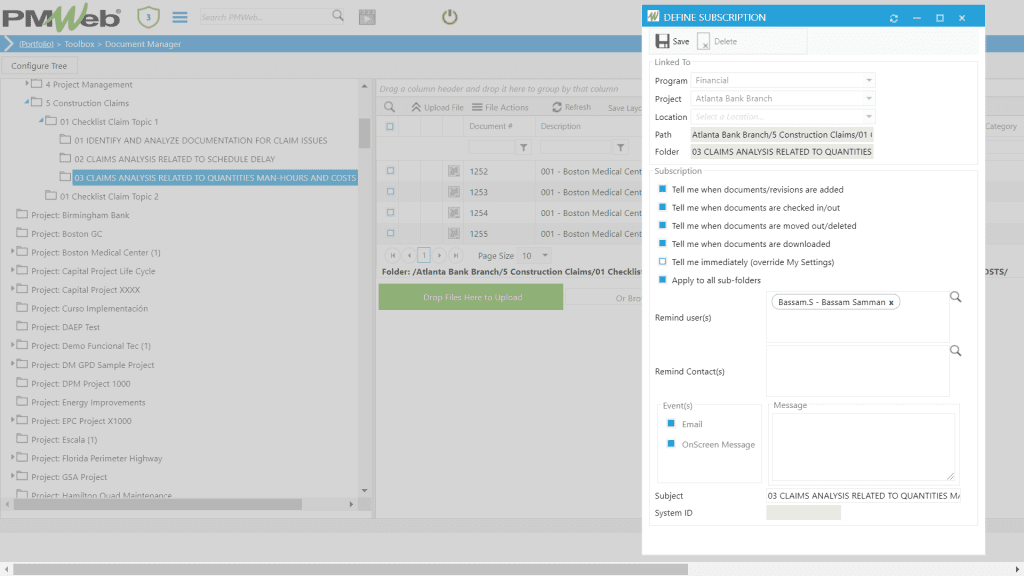 PMWeb 7 Toolbox Document Manager Define Subscription 