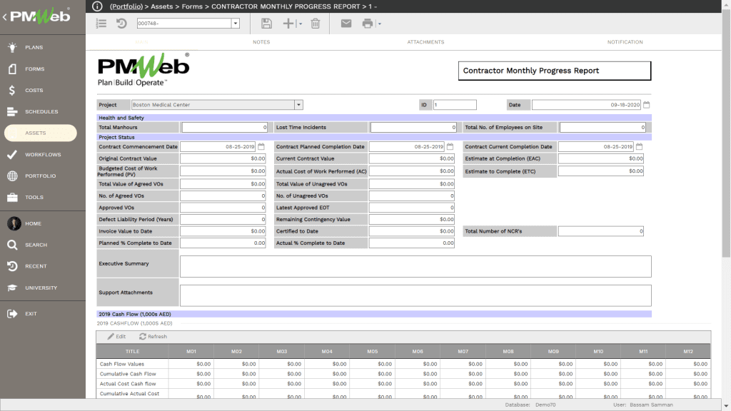 PMWeb 7 Assets Forms Contractor Monthly Progress Report 