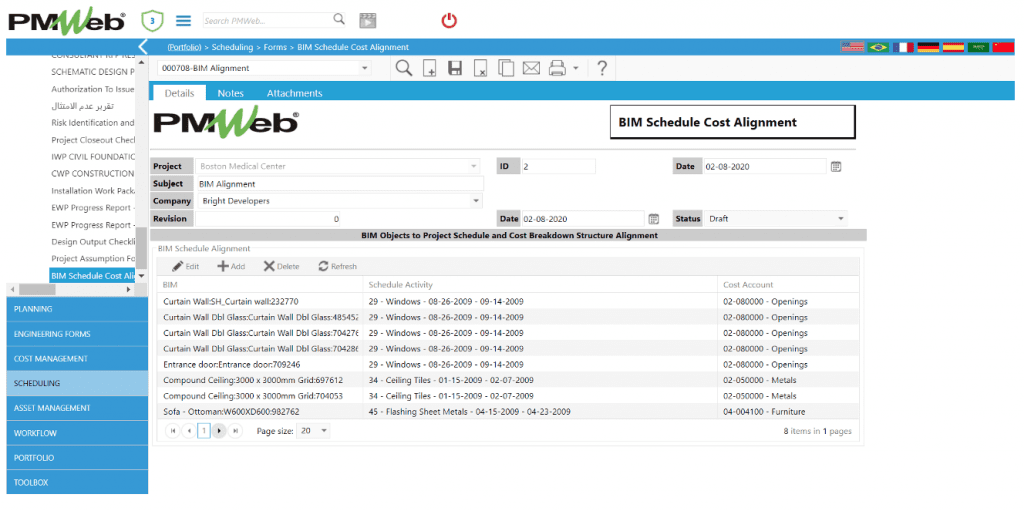 PMWeb 7 Scheduling Forms BIM Schedule Cost Alignment 