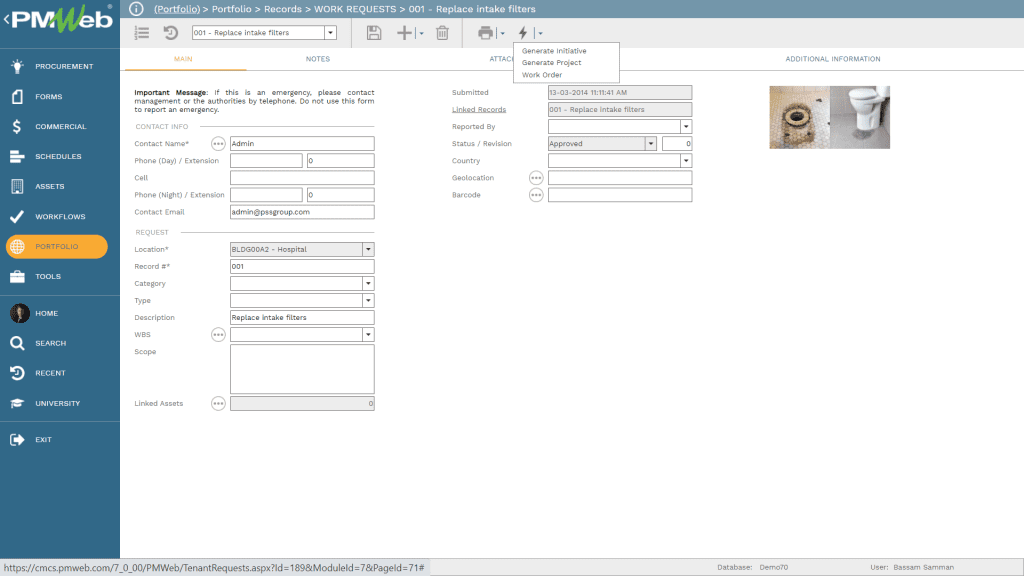 PMWeb 7 Portfolio Records Raised Work Requests