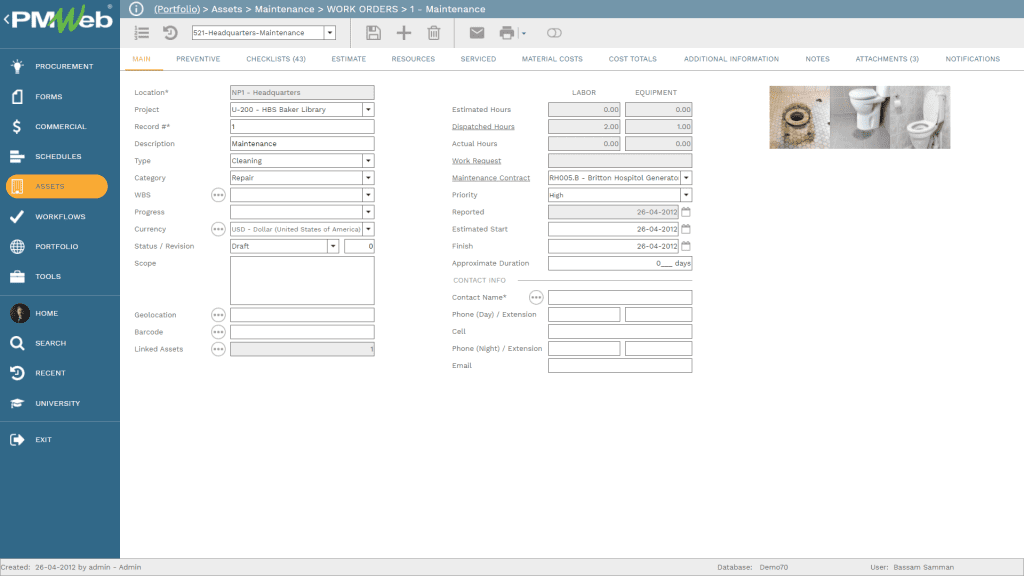 PMWeb 7 Assets Maintenances Work orders of Raised Work Requests