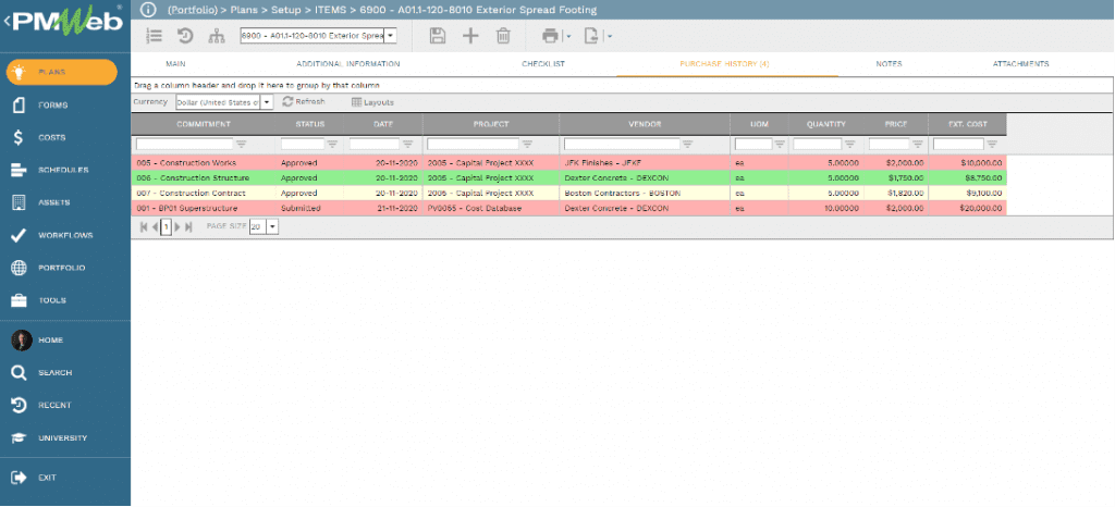 PMWeb 7 Plans Setup Items 