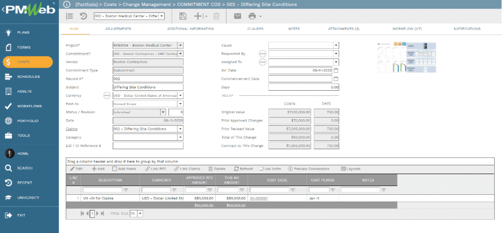 PMWeb 7 Costs Change Managment  Commitment COS 