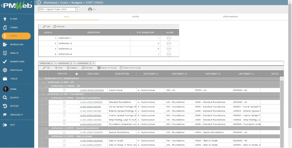 PMWeb 7 Costs Budgets Cost Codes 