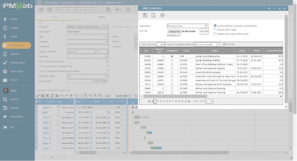 PMWeb 7 Schedules Schedules Main Link Schedules to track Schedule Milestone Dates