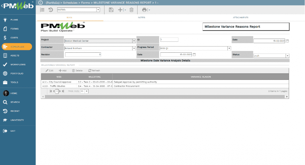 PMWeb 7 Schedules Forms Milestones Variance Reason Reports for Schedule Milestone Dates