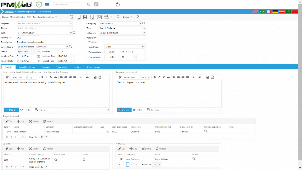 PMWeb 7 Engineering Forms Safety Forms Details 