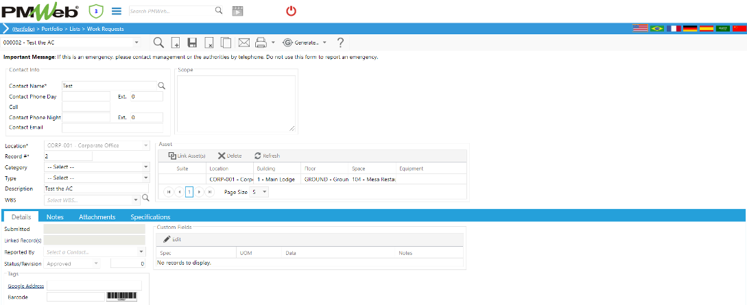PMWeb 7 Portfolio Lists Work Request Details 