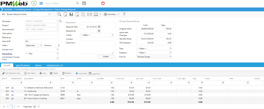 PMWeb 7 Cost Managment Change Managment Online Change Request Details 