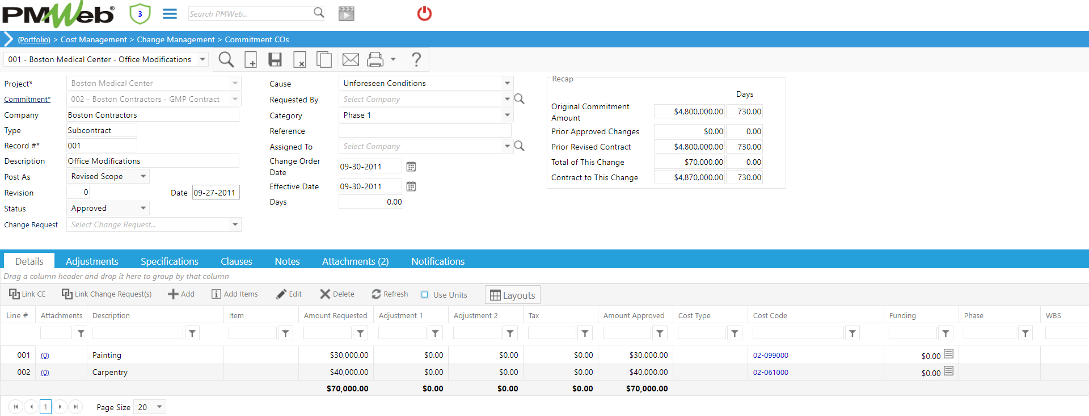 PMWeb 7 Cost Managment Change Managment Commitments COs Details 