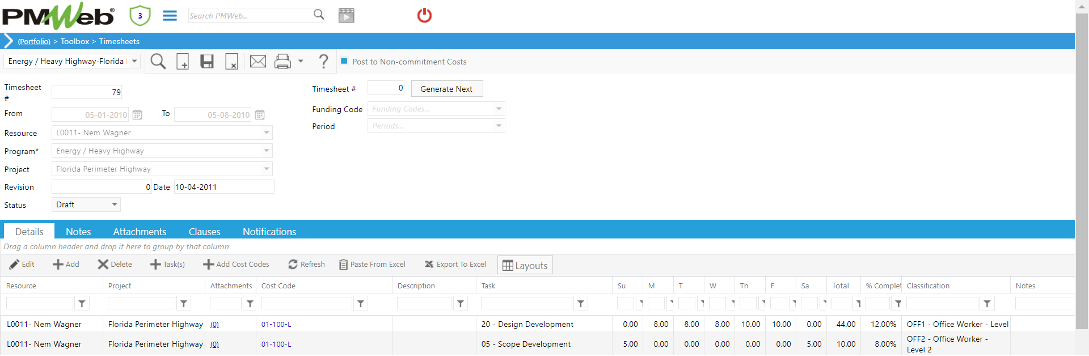 PMWeb 7 Toolbox Timesheets Details 