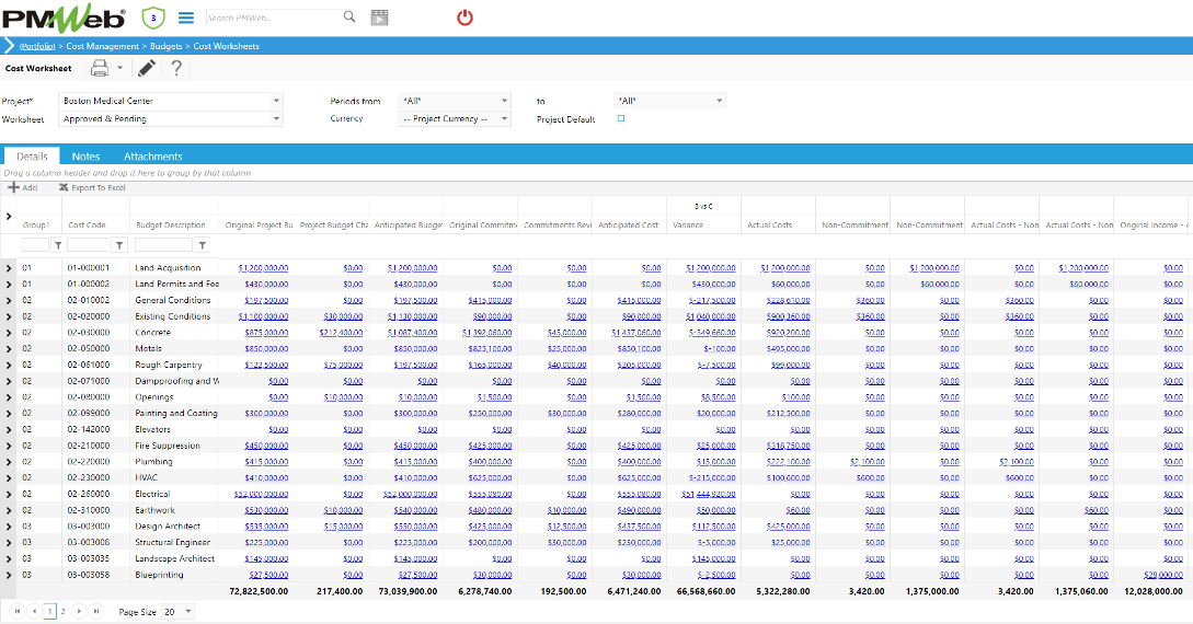 PMWeb 7 Cost Managment Budgets Cost Worksheets Details 