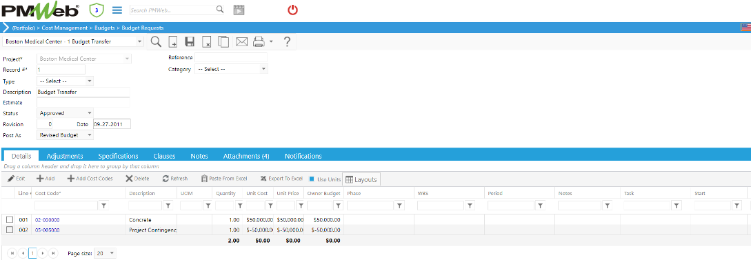 PMWeb 7 Cost Managment Budgets Budgets Requests Details 