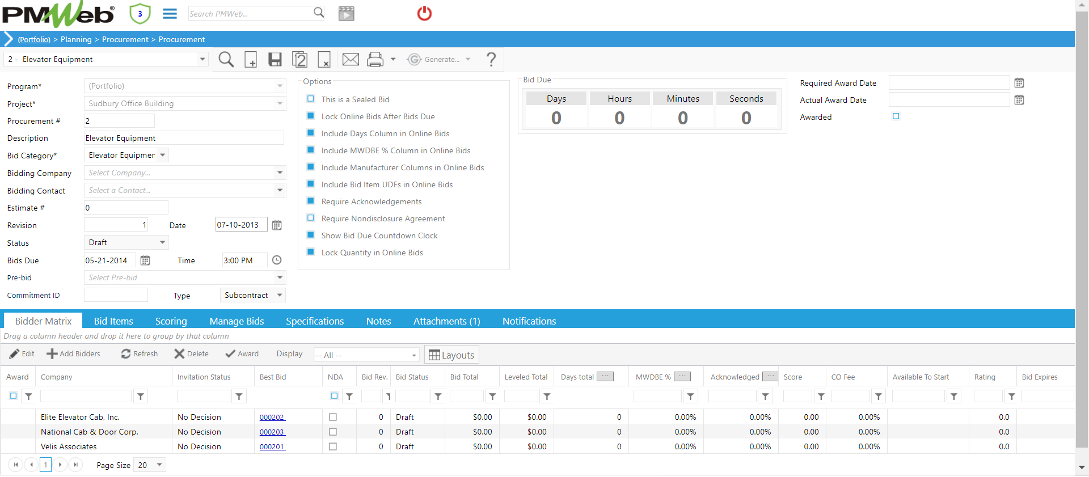 PMWeb 7 Planning Procurement Procurement Bidder Matrix 