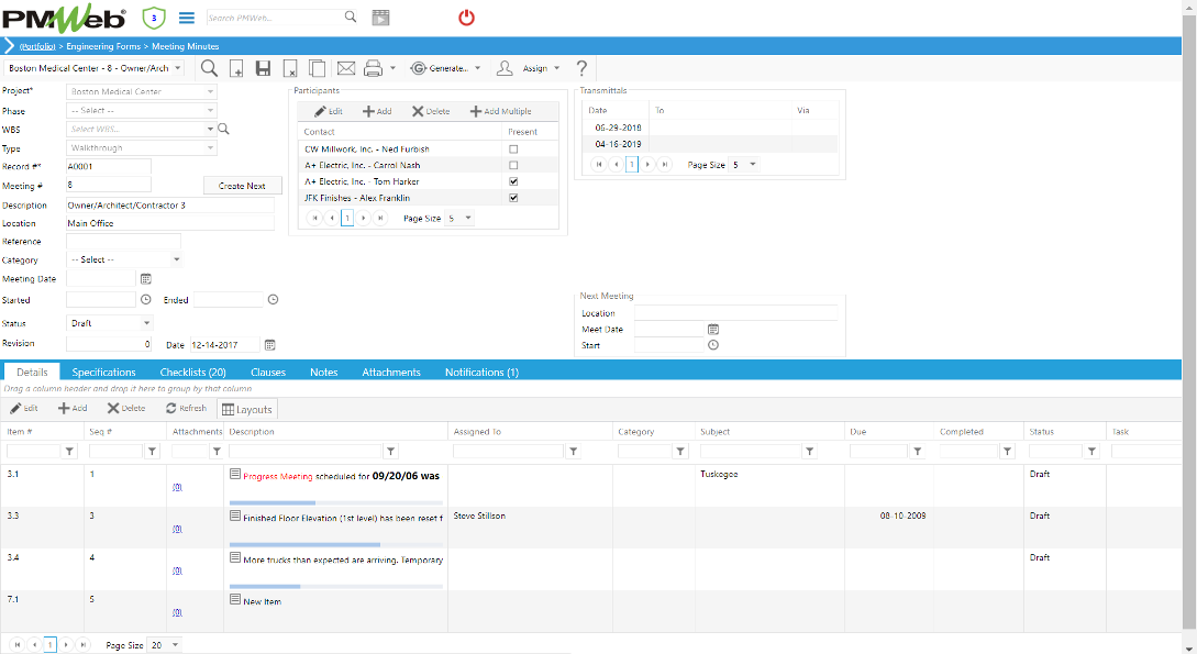 PMWeb 7 Engineering Forms Meeting Minutes Details 