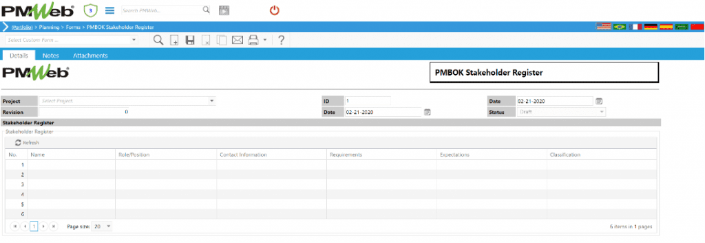 PMWeb 7 Planning Forms PMBOK Stakeholder Register Details 