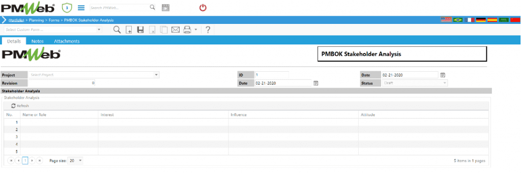 PMWeb 7 Planning Forms PMBOK Stakeholder Analysis Details 