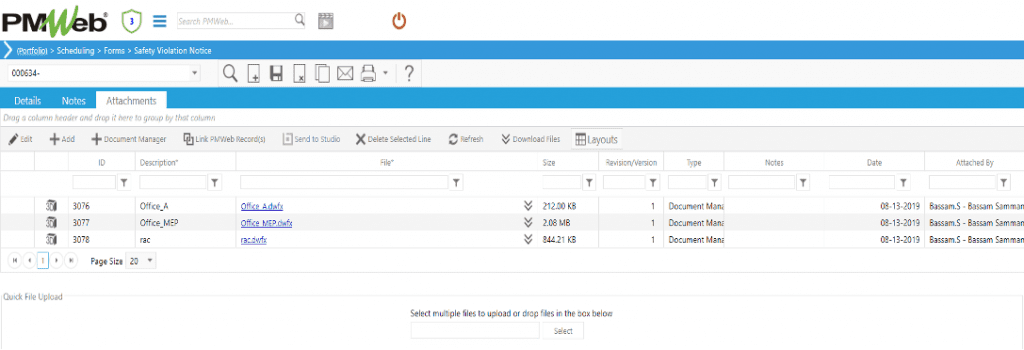 PMWeb 7 Scheduling Forms Safety violation Notice Attachments 