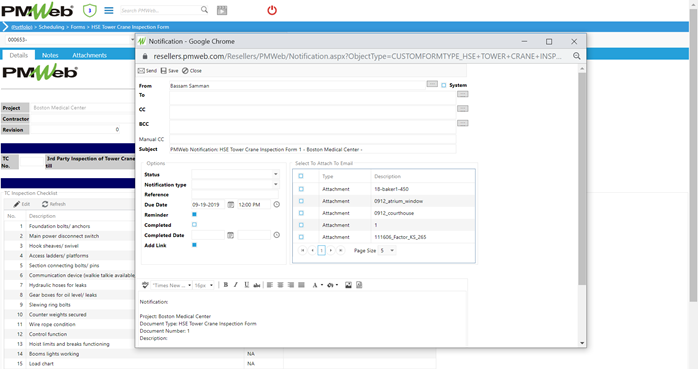 PMWeb 7 Scheduling HSE Tower Crane inspection Form Details Notification - Google Chrome