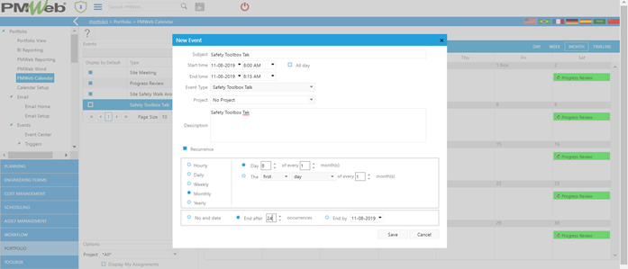 PMWeb 7 Portfolio PMWeb Calendar New Event