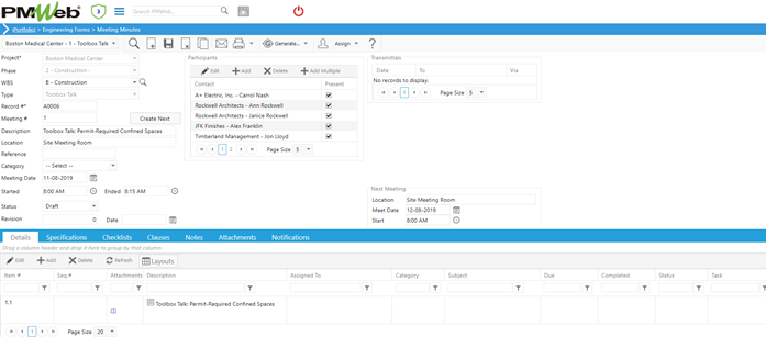 PMWeb 7 Engineering Forms Meeting Minutes Details 