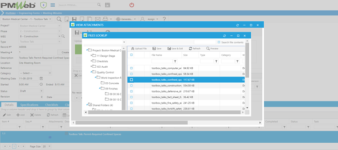 PMWeb 7 Engineering Forms Meeting Minutes Details View Attachments Files Lookup 