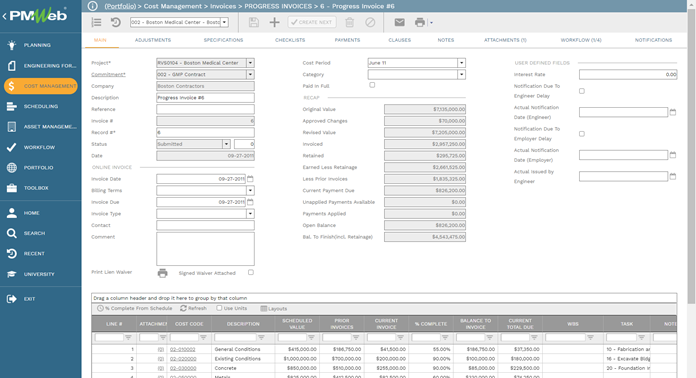 PMWeb 7 Cost Management Invoices  Progresses Invoices main 