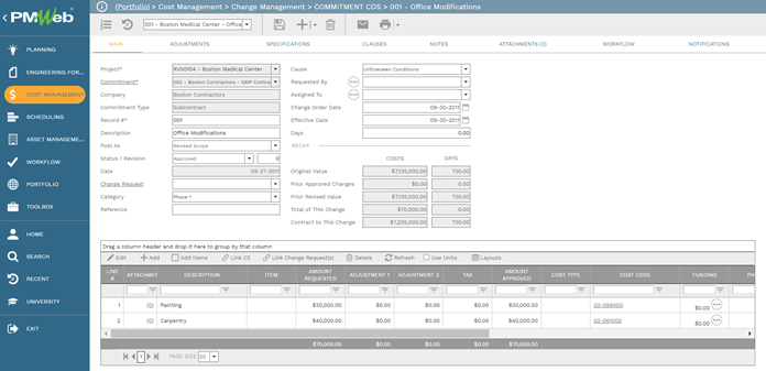 PMWeb 7 Cost Management Change Managment Commitment COS Office Modifications main 