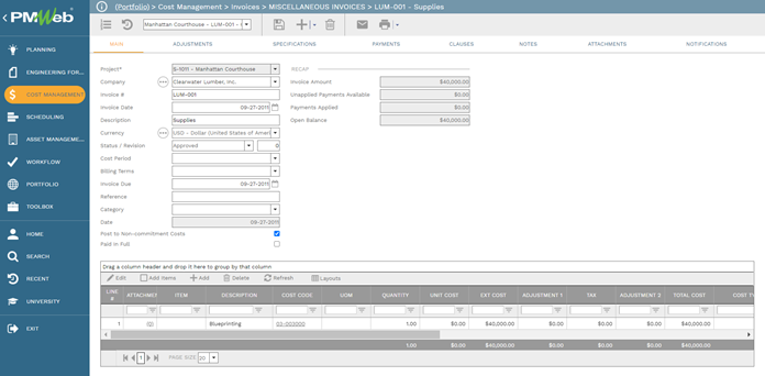 PMWeb 7 Cost Management Invoices Miscellaneous Invoices LUM-001 Supplies Main