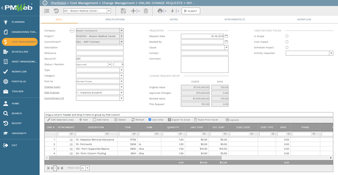 PMWeb 7 Cost Management Change Management Online Change Requests Main 