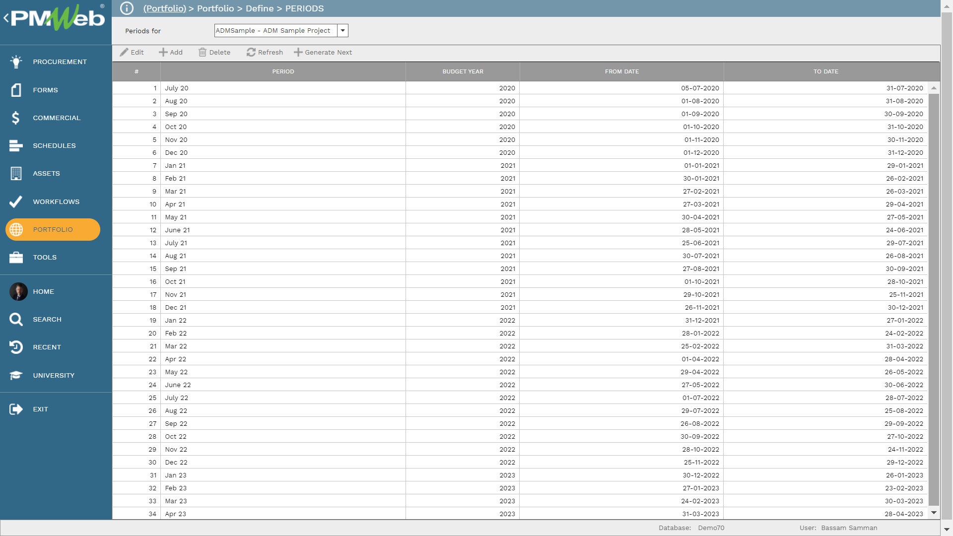 PMWeb 7 Portfolio Define Periods 