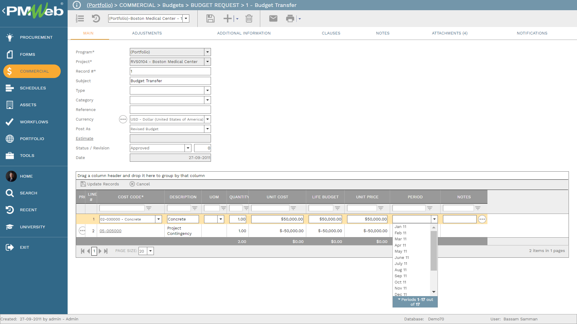 PMWeb 7 Commercial Budgets Budget Request Budget Transfer Main 