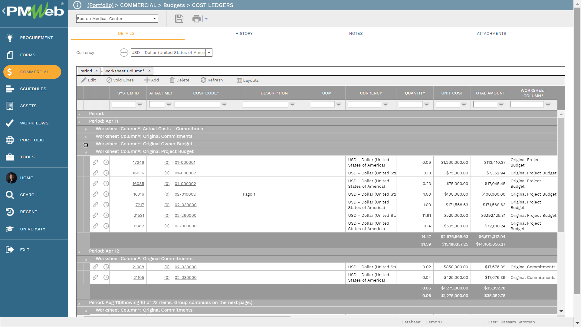 PMWeb 7 Commercial Budgets Cost Worksheets Main 