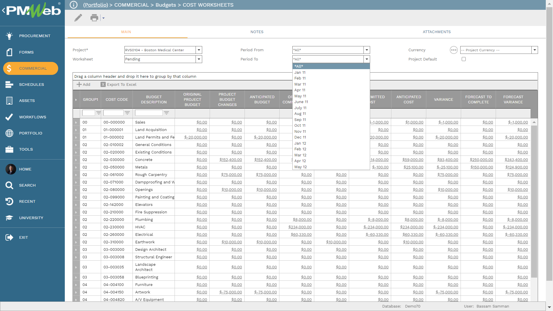 PMWeb 7 Commercial Budgets Cost Ledgers Details 