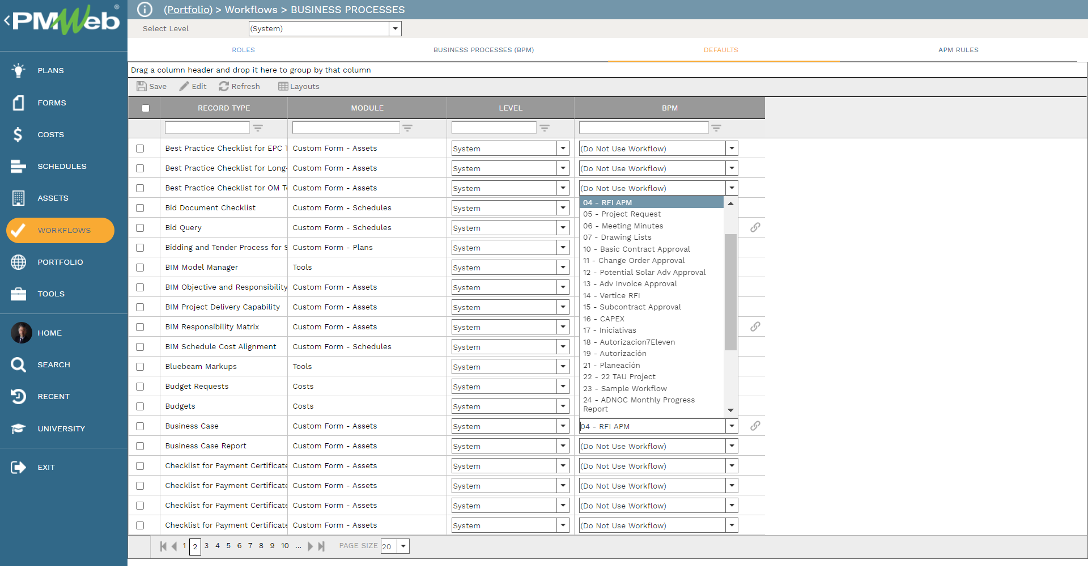 PMWeb 7 Workflows Business Processes  Defaults 