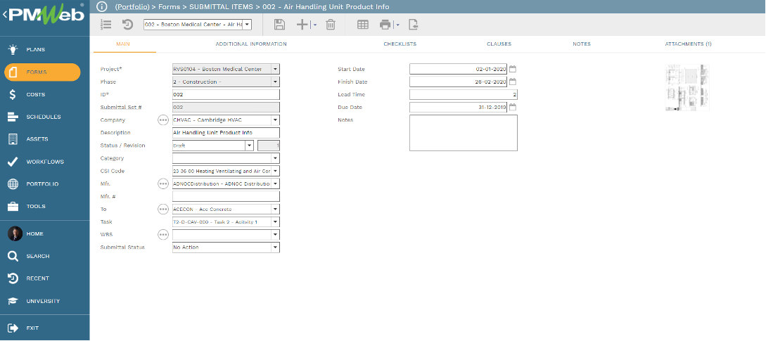 PMWeb 7 Forms Submittal Items Air Handling Unit Product Info Main 
