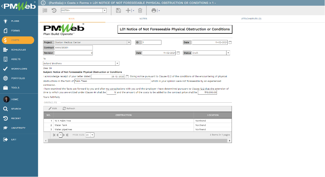 PMWeb 7 Costs Forms L01 Notice of Not Foreseeable Physical Obstruction or Conditions Main 