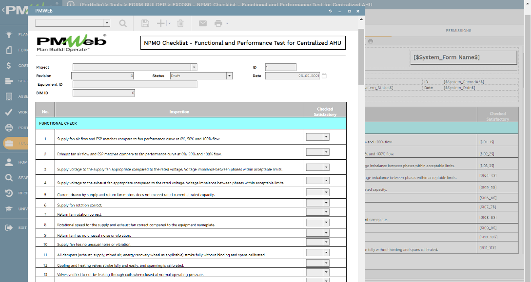 PMWeb 7 Tools NPMO Checklist Pre Start up for Centralized AHU PMWEB