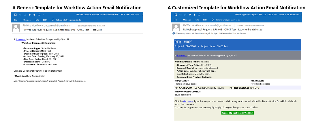 PMWeb 7 A Generic Template for Workflow Action Email Notification 
A Customized Template for Workflow Action Email Notification