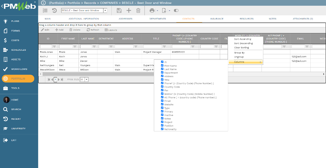 PMWeb 7 Portfolio Records Companies Contacts 