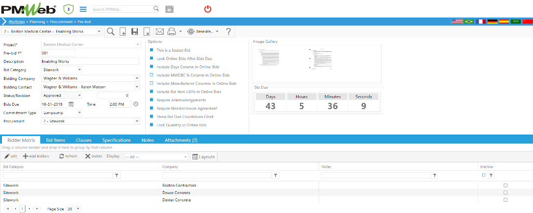 PMWeb 7 Planning Procurement Pre-Bid Bidder Matrix 