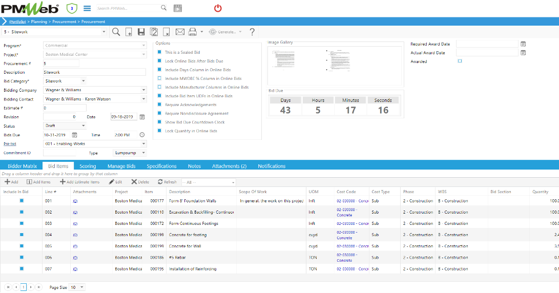 PMWeb 7 Planning Procurement Procurement Bid Items