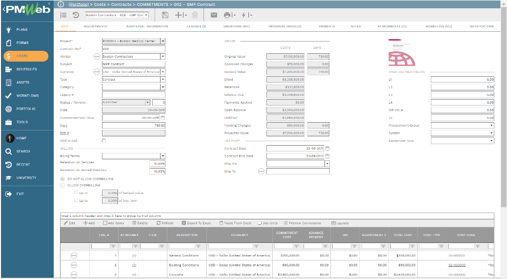 PMWeb 7 Costs Contracts Commitments GMP Contract Main 