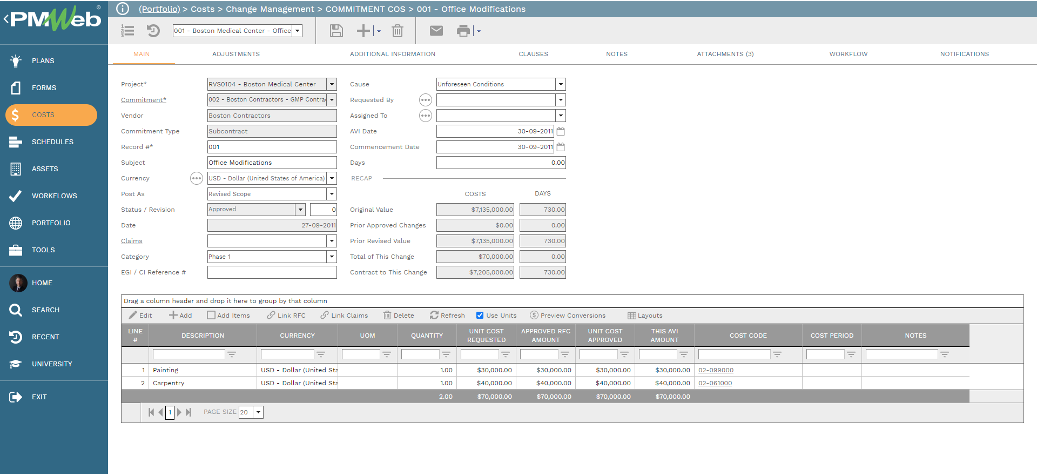 PMWeb 7 Costs Change Managment Commitments Office Modification Main 