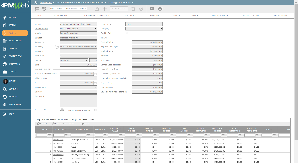 PMWeb 7 Costs Invoices Progress Invoices Main 