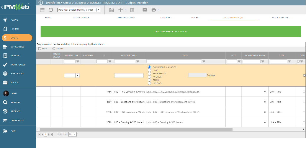 PMWeb 7 Costs Budgets Budget Requests Budget Transfer Attachments 