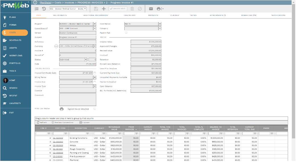 PMWeb 7 Costs Invoices Progress Invoices Progress Invoices Main