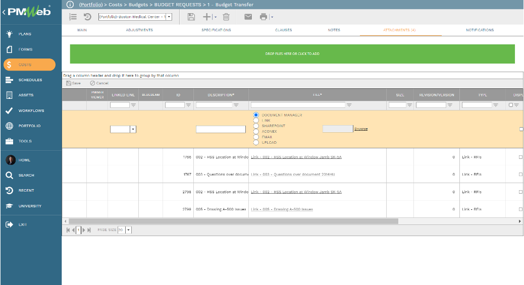 PMWeb 7 Costs Budgets Budgets Requests Budget Transfer Attachments 