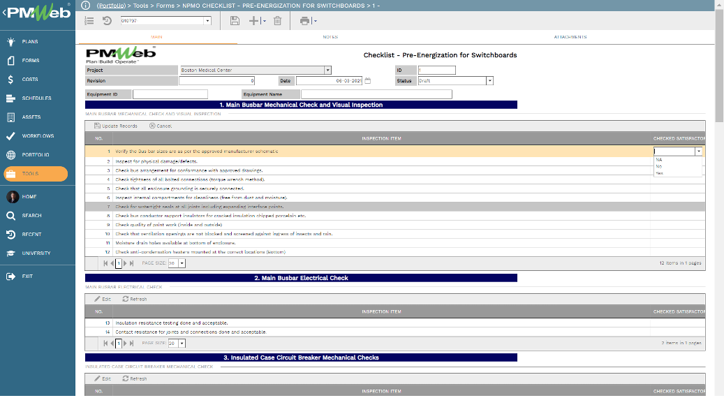 PMWeb 7 Tools Forms NPMO Check list Pre-Energization for Switchboard  Main 